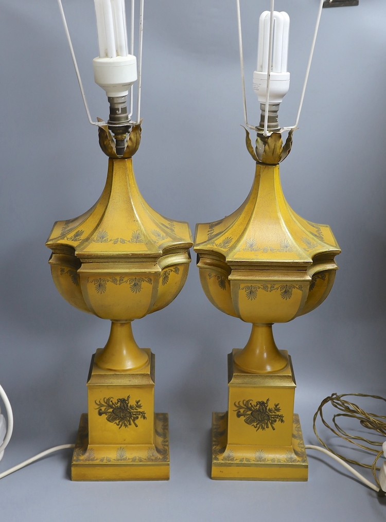 A pair of decorative painted table toleware lamps, on squared base - 69cm high